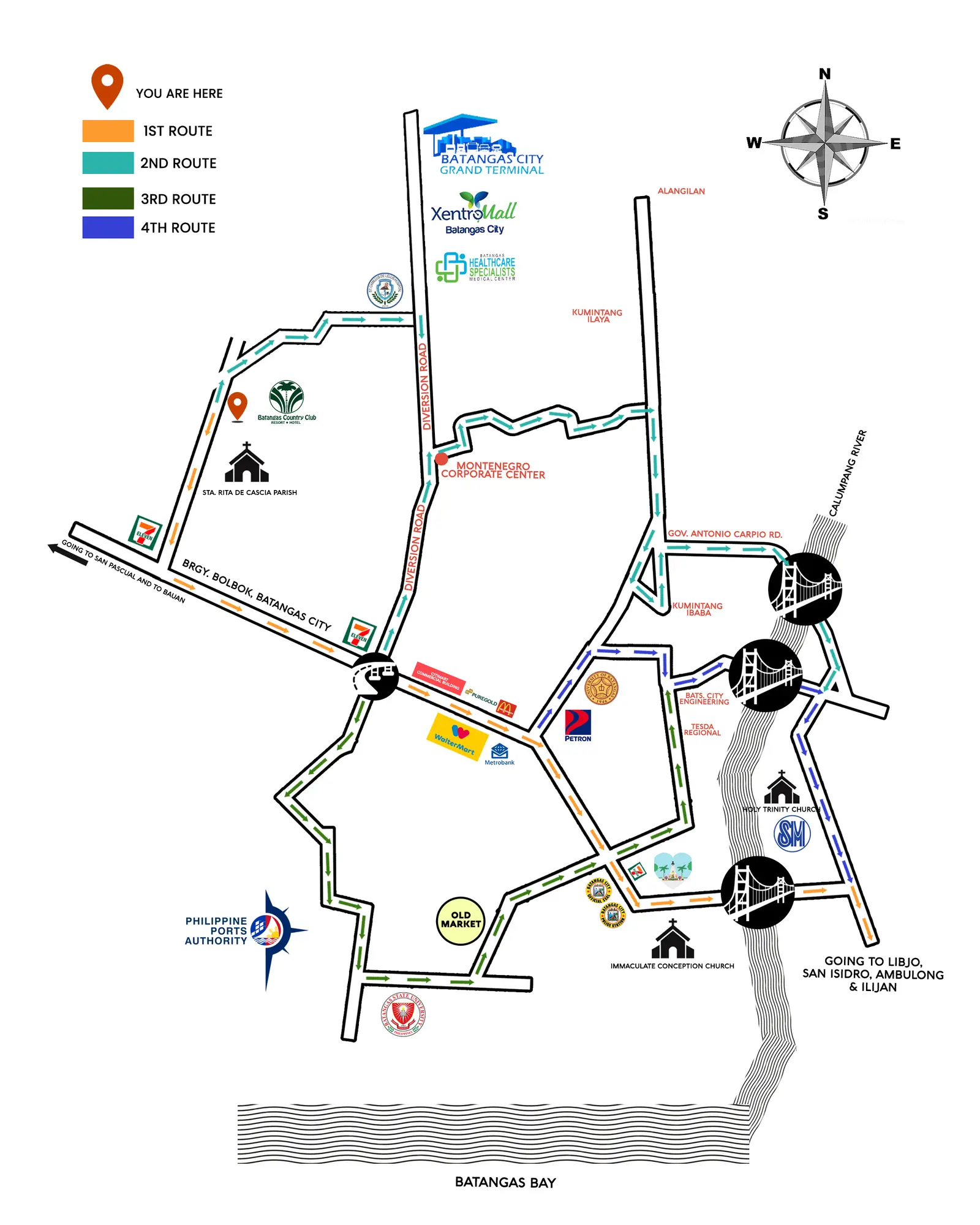 Vicinity map showing four routes and nearby landmarks leading to Batangas Country Club